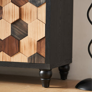 English Elm Distressed Honeycomb Storage Cabinet with Wood Knobs, Mid-Century Modern Sideboard Buffet in Black Brown W3040P382292