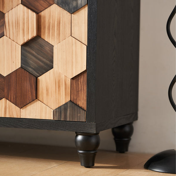 English Elm Distressed Honeycomb Storage Cabinet with Wood Knobs, Mid-Century Modern Sideboard Buffet in Black Brown W3040P382292