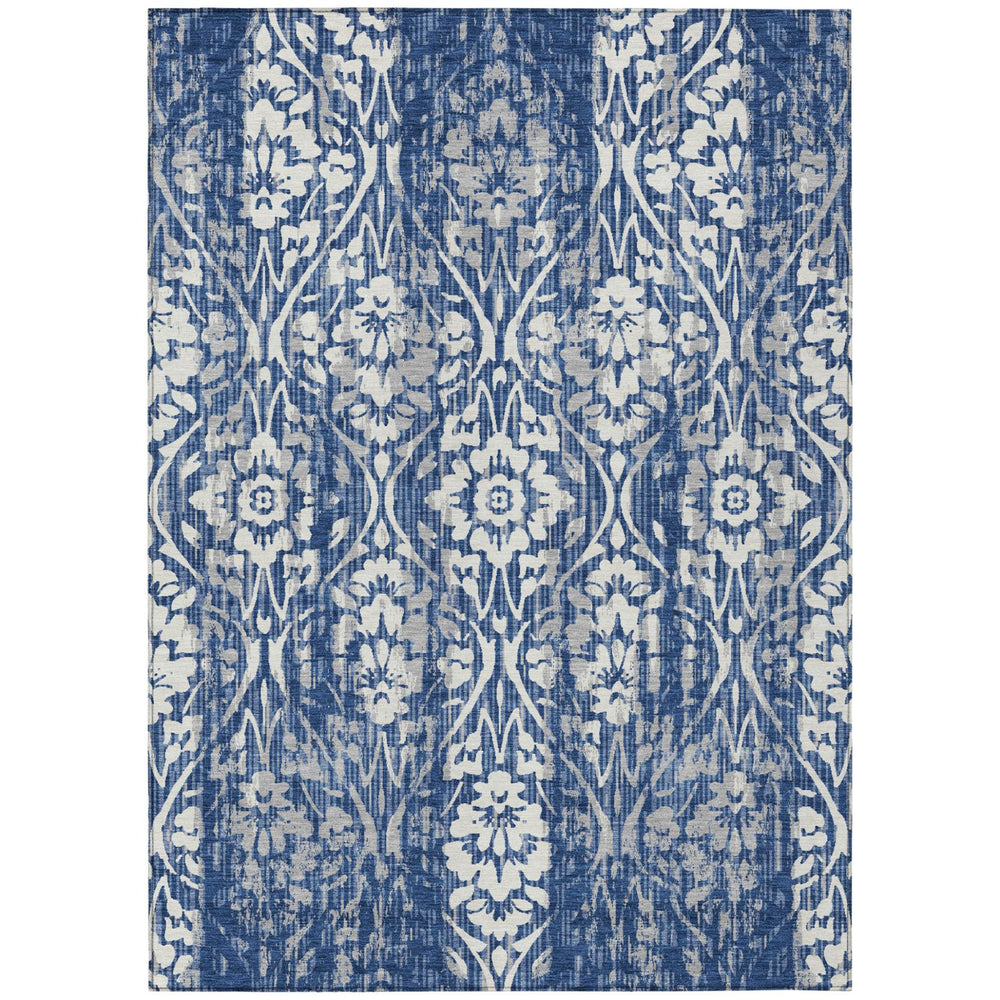 HomeRoots 10 X 14 Navy Damask Polyester Area Rug Washable Indoor Outdoor Patio Living Room 726802