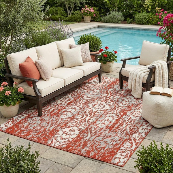 Damask Polyester Area Rug Washable Stain Resistant Low Pile Indoor Outdoor Classic Decor