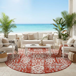 8 Ft Round Damask Polyester Rug Machine Washable Indoor Outdoor Stain Resistant