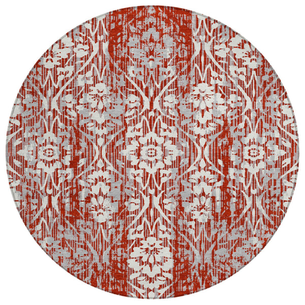 HomeRoots 8 Ft Round Damask Polyester Rug Machine Washable Indoor Outdoor Stain Resistant 726805
