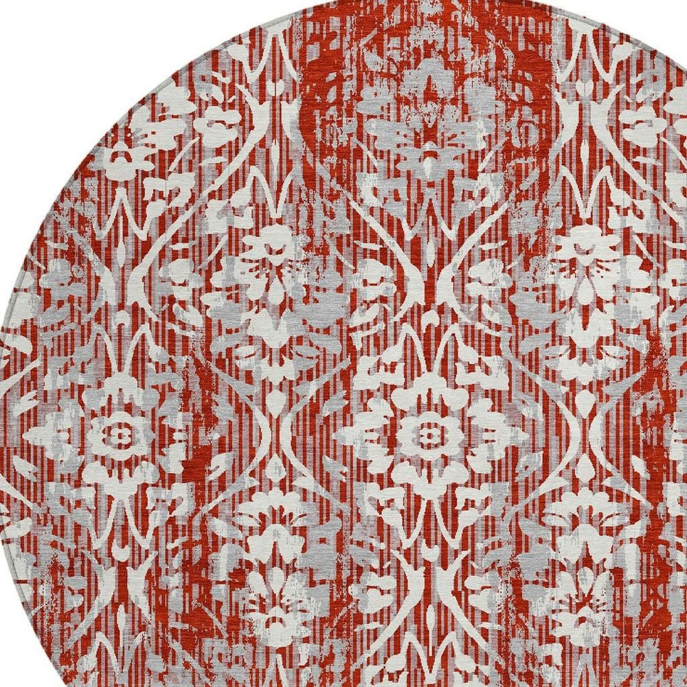 HomeRoots 8 Ft Round Damask Polyester Rug Machine Washable Indoor Outdoor Stain Resistant 726805