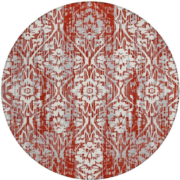 8 Ft Round Damask Polyester Rug Machine Washable Indoor Outdoor Stain Resistant