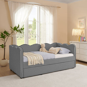English Elm Cozy Twin Gingham Daybed with Trundle Sofa Bed, Linen Upholstery, USB Port, Wave Frame Design Black W1413S00102