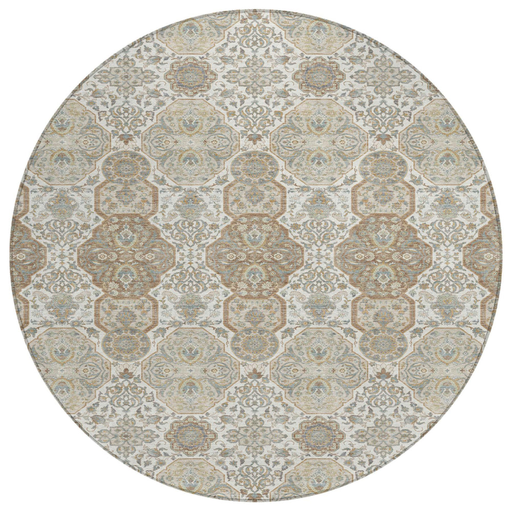 HomeRoots 8 Ft Round Floral Polyester Area Rug Washable Indoor Outdoor Ivory Brown 726835