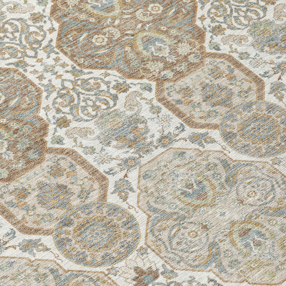 HomeRoots 8 Ft Round Floral Polyester Area Rug Washable Indoor Outdoor Ivory Brown 726835