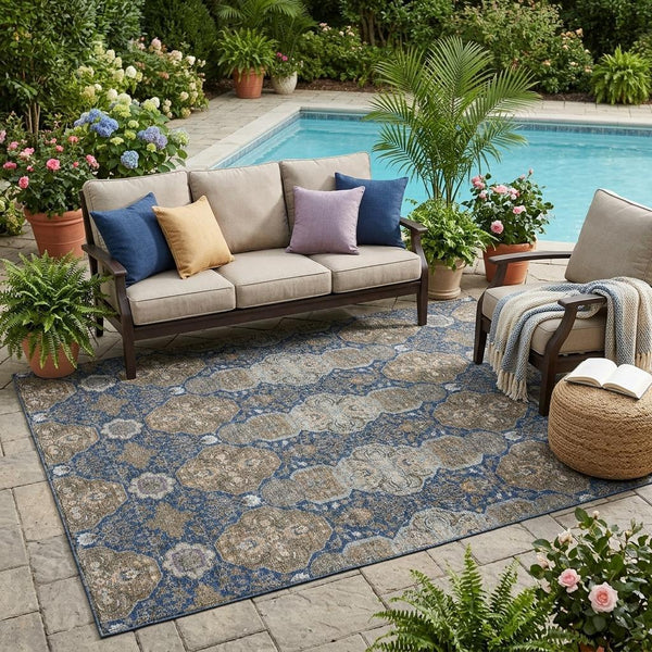 Floral Polyester Area Rug Machine Washable Indoor Outdoor Traditional Navy Gray Style