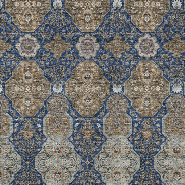 Floral Polyester Area Rug Machine Washable Indoor Outdoor Traditional Navy Gray Style
