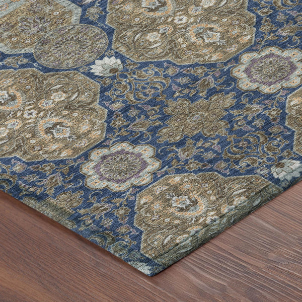Floral Polyester Area Rug Machine Washable Indoor Outdoor Traditional Navy Gray Style