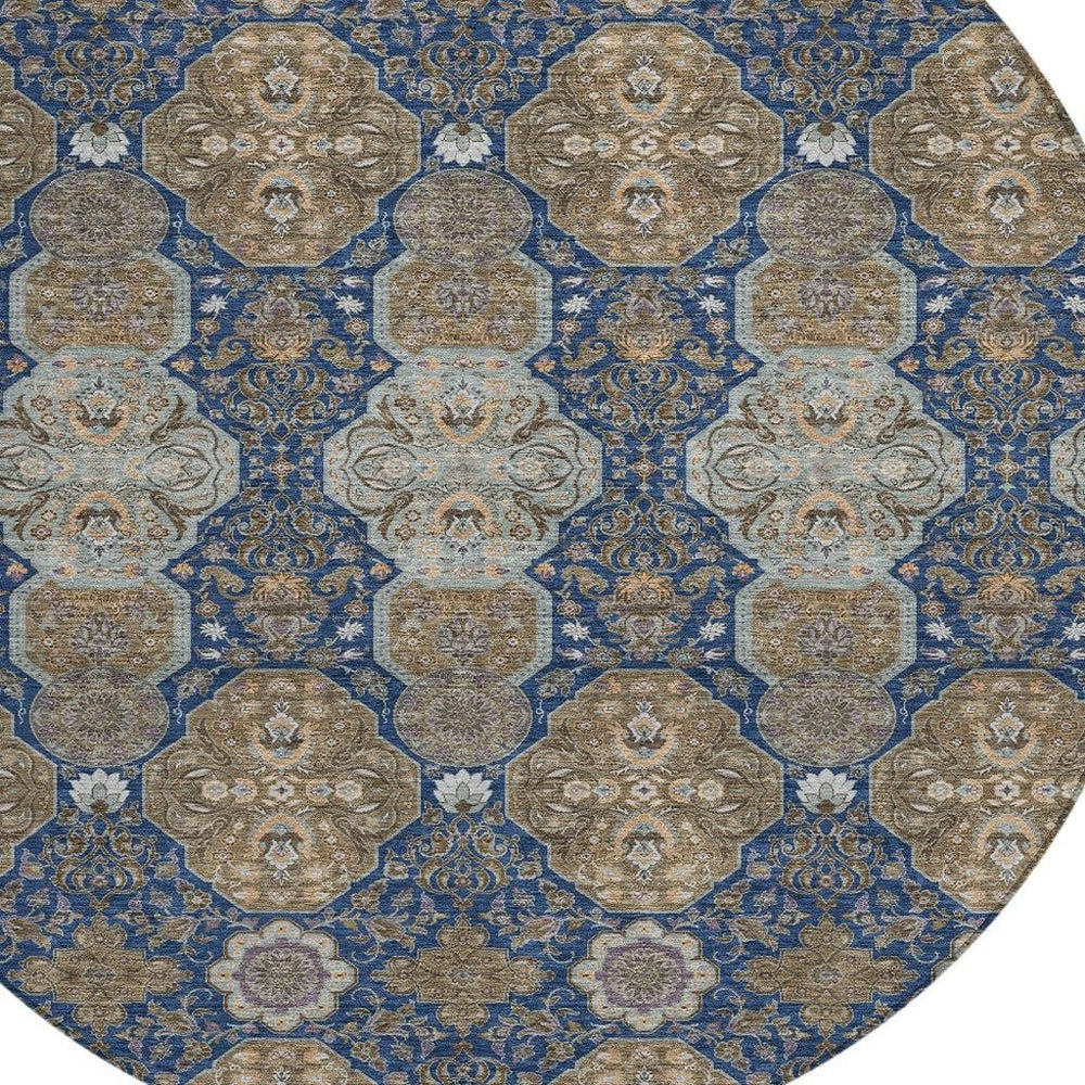 HomeRoots 8 Ft Round Floral Polyester Area Rug for Patios Kitchens and High Traffic Spaces 726847