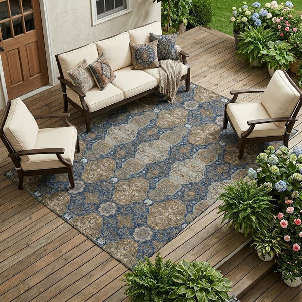 Floral Polyester Area Rug Machine Washable Indoor Outdoor Traditional Navy Gray Style