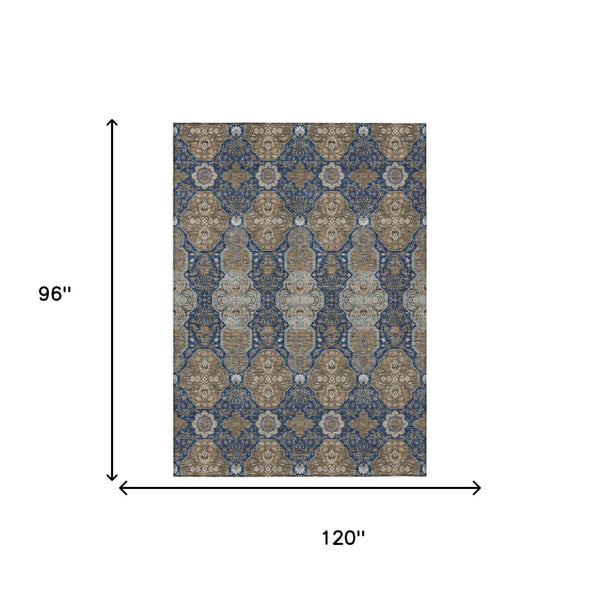 Floral Polyester Area Rug Machine Washable Indoor Outdoor Traditional Navy Gray Style