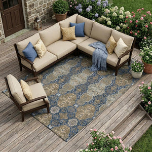 Floral Polyester Area Rug Machine Washable Indoor Outdoor Traditional Navy Gray Style