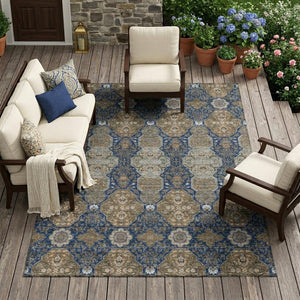 Floral Polyester Area Rug Machine Washable Indoor Outdoor Traditional Navy Gray Style
