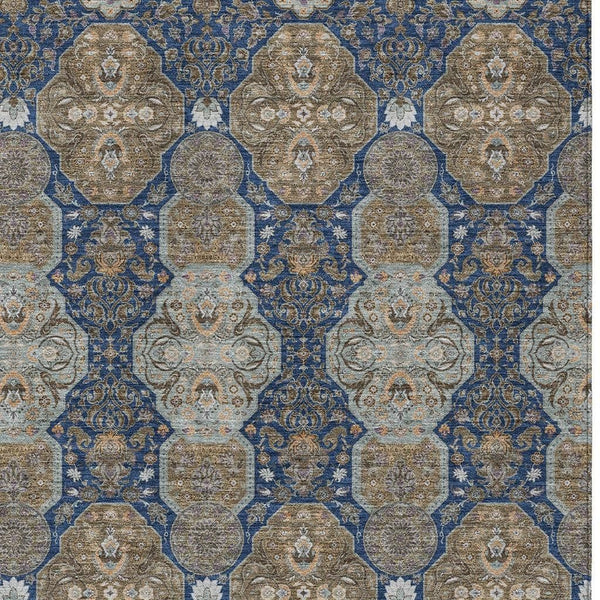 Floral Polyester Area Rug Machine Washable Indoor Outdoor Traditional Navy Gray Style