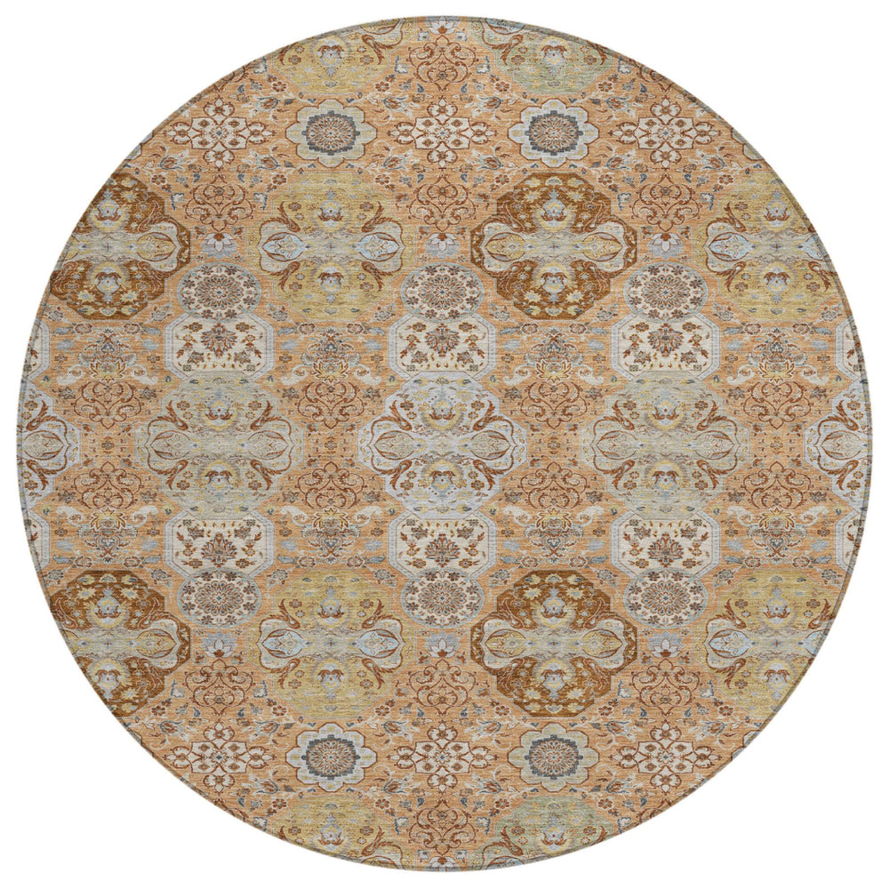 HomeRoots 8 Ft Round Floral Polyester Area Rug in Copper Tones for Patio and Living Room 726883