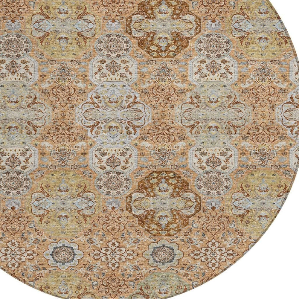 HomeRoots 8 Ft Round Floral Polyester Area Rug in Copper Tones for Patio and Living Room 726883