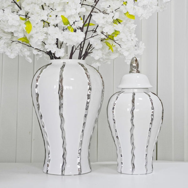 English Elm White Ceramic Ginger Jar With Elegant Silver Accent - Perfect For Modern Decor & Floral Arrangements B030P243613-GIGA