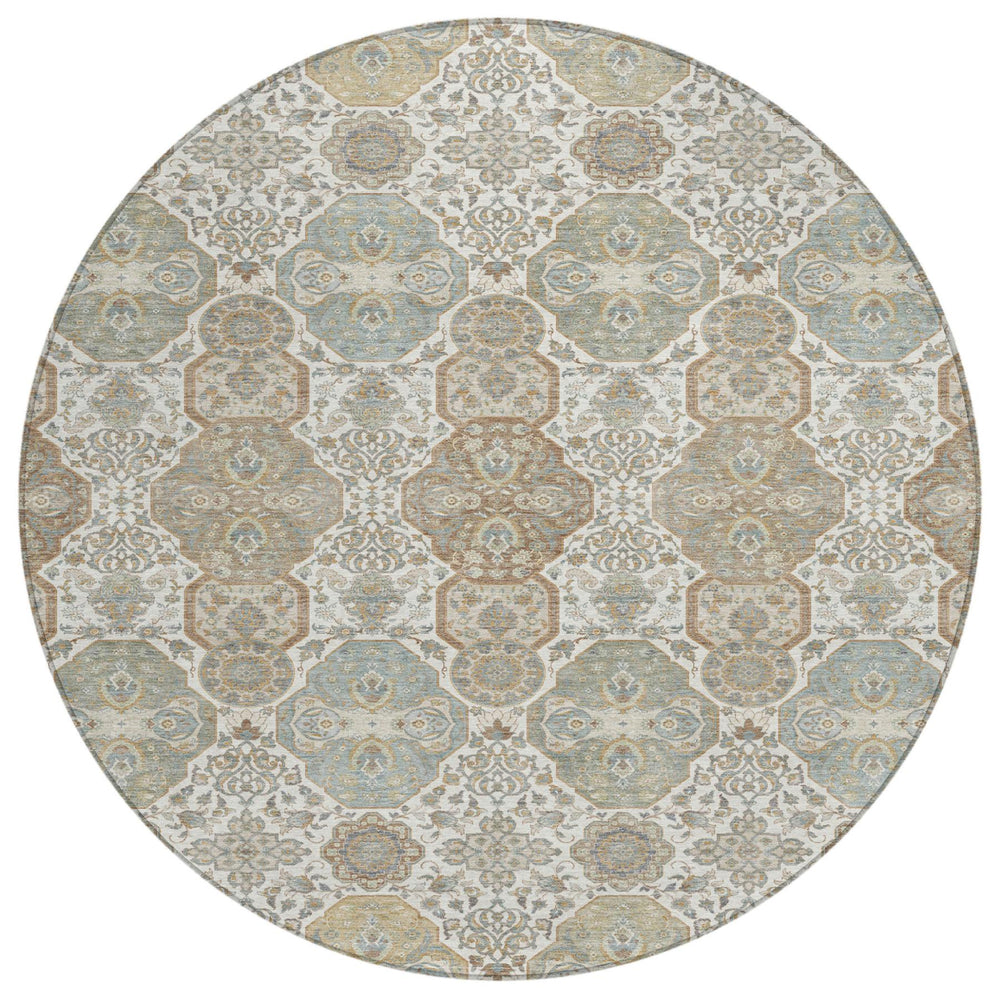 HomeRoots 8 Ft Round Floral Polyester Area Rug Washable Indoor Outdoor Patio Ivory Brown 726889