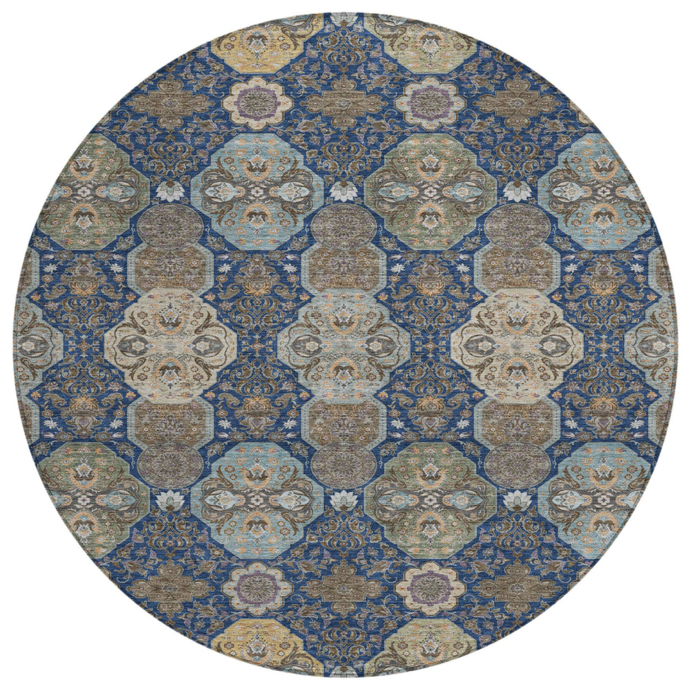 HomeRoots 8 Foot Round Floral Polyester Area Rug Washable Indoor Outdoor Navy Felt Back 726901
