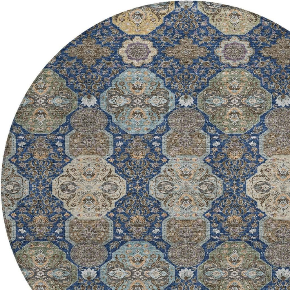 HomeRoots 8 Foot Round Floral Polyester Area Rug Washable Indoor Outdoor Navy Felt Back 726901