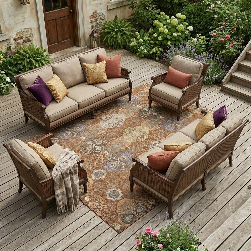 9 X 12 Floral Polyester Area Rug Washable Low Pile for Patio and Living Room