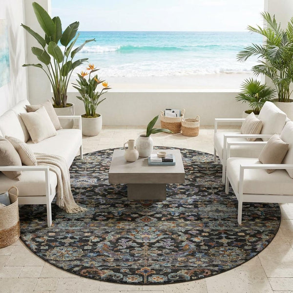 8 Foot Round Medallion Floral Area Rug Washable Uv Resistant Polyester Patio Decor