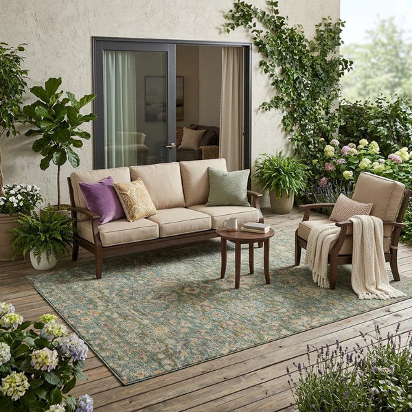 Floral Medallion Washable Indoor Outdoor Polyester Rug Uv Resistant with Non-slip Felt Backing