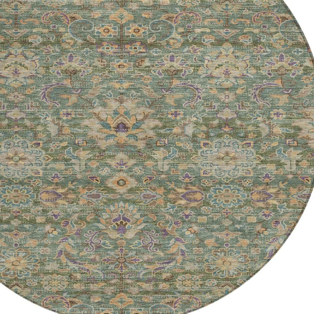 8 Ft Round Floral Medallion Indoor Outdoor Rug Washable Polyester Green Sage