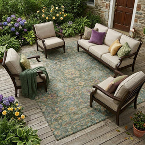 Floral Medallion Washable Indoor Outdoor Polyester Rug Uv Resistant with Non-slip Felt Backing
