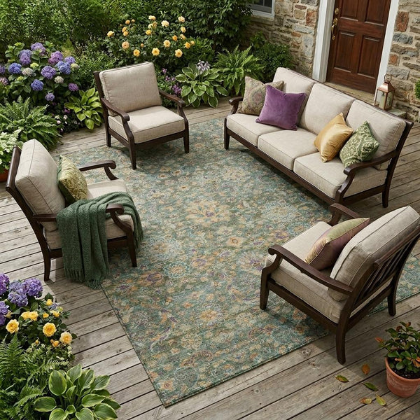 Floral Medallion Washable Indoor Outdoor Polyester Rug Uv Resistant with Non-slip Felt Backing