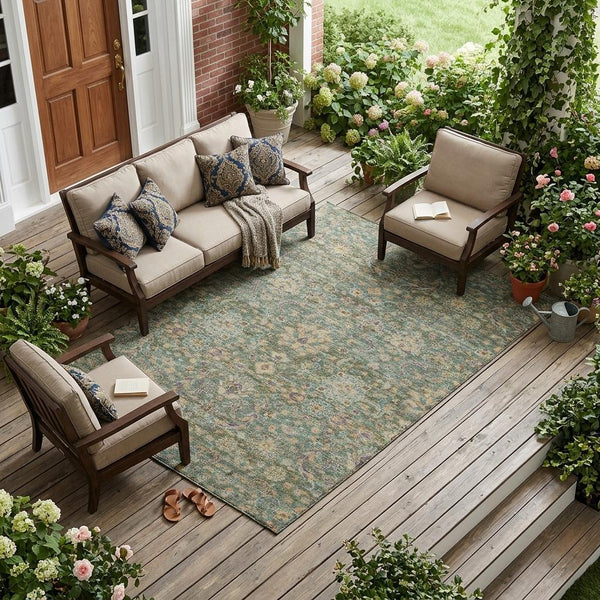 Floral Medallion Washable Indoor Outdoor Polyester Rug Uv Resistant with Non-slip Felt Backing