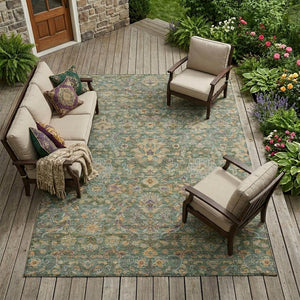 Floral Medallion Washable Indoor Outdoor Polyester Rug Uv Resistant with Non-slip Felt Backing
