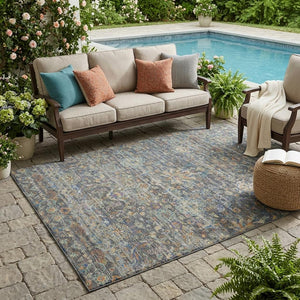 Floral Medallion Washable Polyester Indoor Outdoor Rug with Non-slip Felt Backing for Patios