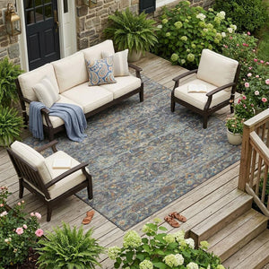 Floral Medallion Washable Polyester Indoor Outdoor Rug with Non-slip Felt Backing for Patios