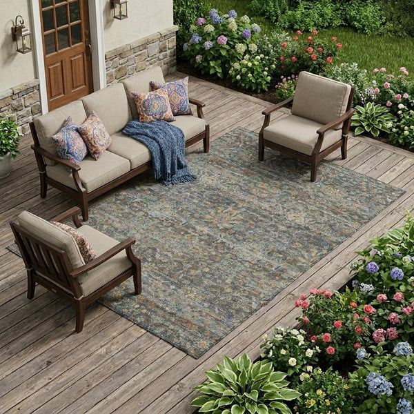Floral Medallion Washable Polyester Indoor Outdoor Rug with Non-slip Felt Backing for Patios