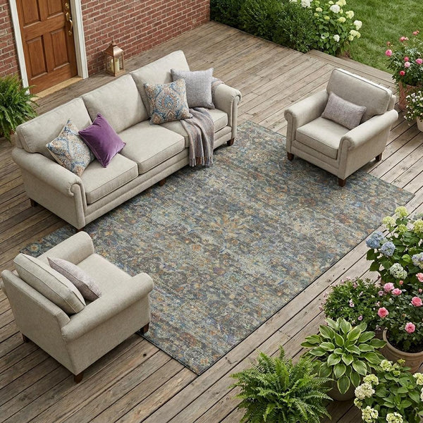 Floral Medallion Washable Polyester Indoor Outdoor Rug with Non-slip Felt Backing for Patios