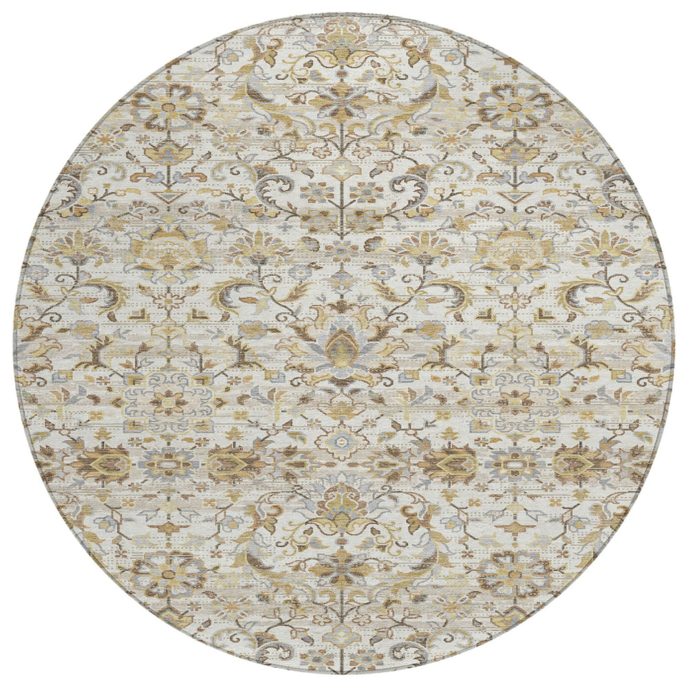 HomeRoots 8 Foot Round Ivory Beige Medallion Washable Polyester Rug for Patio or Living Room 726949