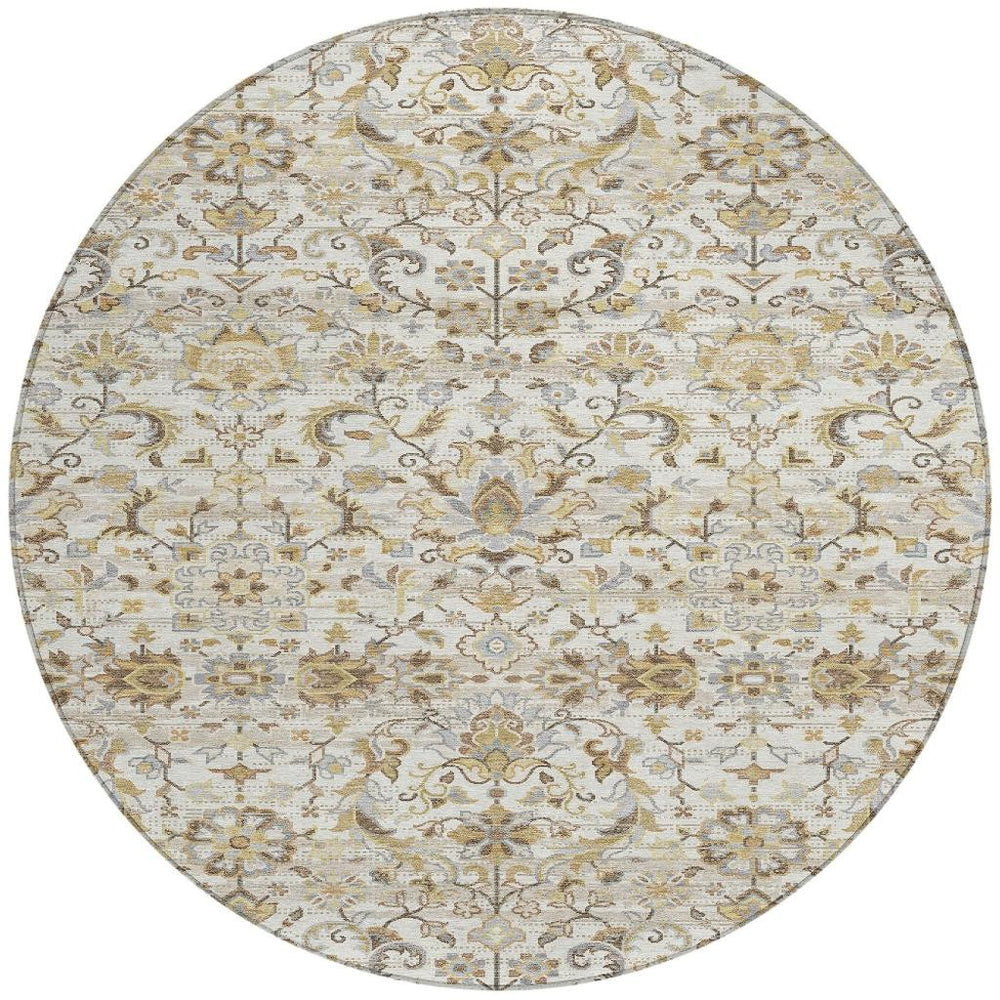 HomeRoots 8 Foot Round Ivory Beige Medallion Washable Polyester Rug for Patio or Living Room 726949