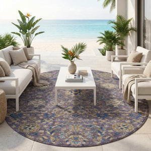 8' Round Floral Medallion Rug Washable Polyester Plum Indoor Outdoor Patio