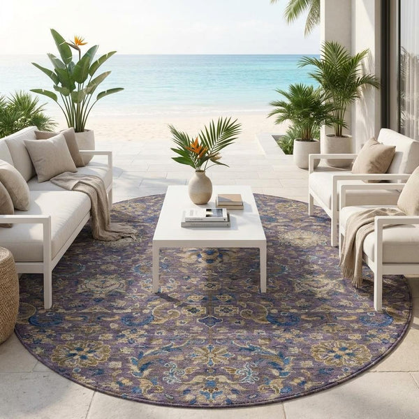 8' Round Floral Medallion Rug Washable Polyester Plum Indoor Outdoor Patio