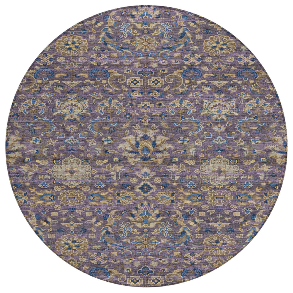 HomeRoots 8' Round Floral Medallion Rug Washable Polyester Plum Indoor Outdoor Patio 726955