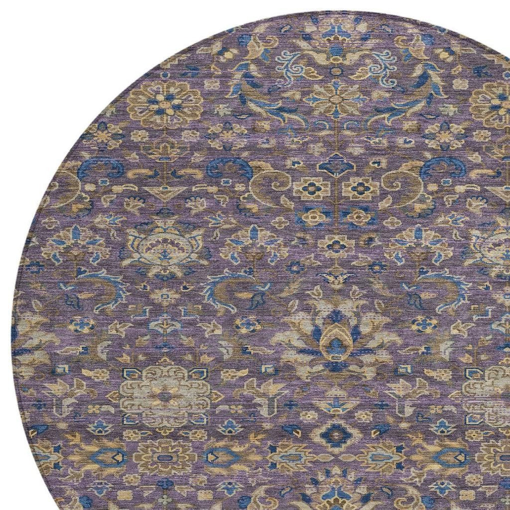 HomeRoots 8' Round Floral Medallion Rug Washable Polyester Plum Indoor Outdoor Patio 726955