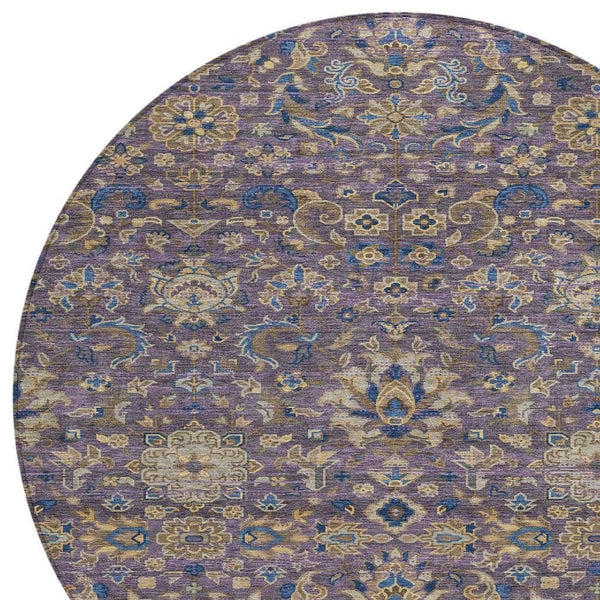 8' Round Floral Medallion Rug Washable Polyester Plum Indoor Outdoor Patio