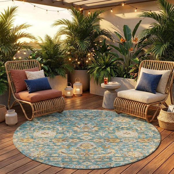 8 Ft Round Floral Medallion Polyester Area Rug Uv Resistant Indoor Outdoor Use