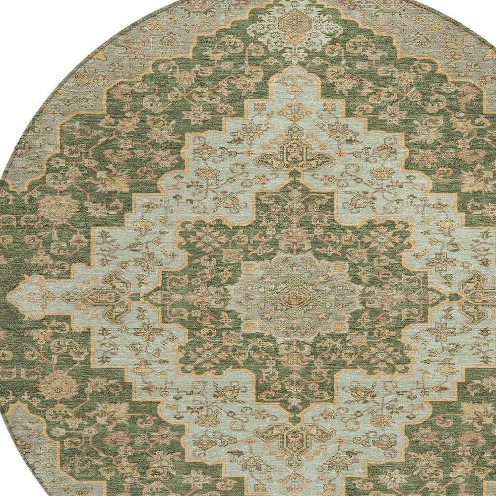 HomeRoots 8 Foot Round Medallion Indoor Outdoor Rug Uv Resistant Washable Polyester Weave 726973