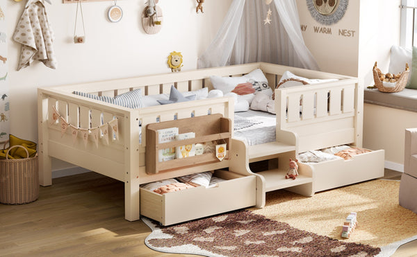 English Elm Twin Kids Storage Bed with Bookshelf Headboard Safety Staircase and Under Drawers Beige W1580P379183