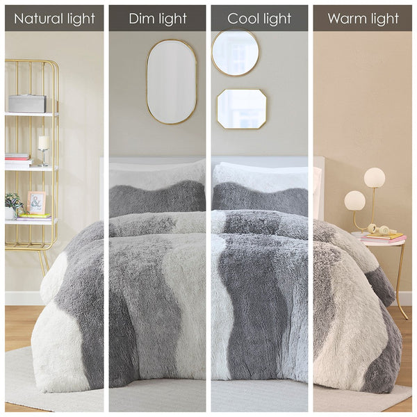 English Elm Twin/Twin Cassie Ombre Shaggy Faux Fur Comforter Set – Tonal Wave Stripes, Reversible Grey, OEKO-TEX B035P148298