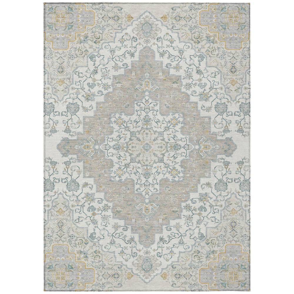 HomeRoots Medallion Polyester Area Rug Machine Washable Uv Resistant Ivory Taupe Indoor Outdoor Patio 5' x 8' 726990
